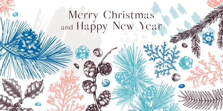 Merry Christmas background. Collage style banner with winter trees, evergreen plants, conifers and nuts drawing. Vector design with hand drawn botanical illustrations. Trendy New Year card template